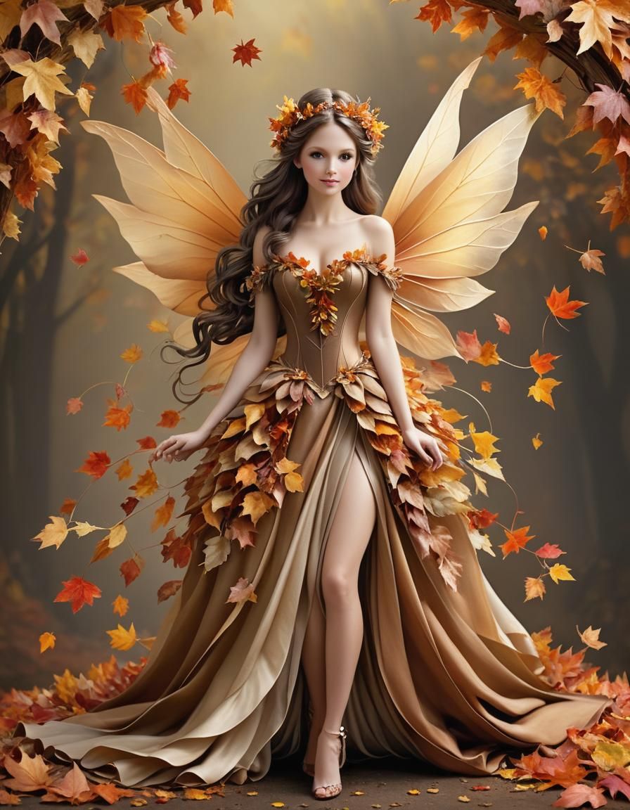 Beautiful Autumn Fairy with Leaf Gown and Wings