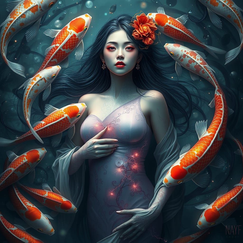 Japanese Goddess Radiating Aura Amidst Koi Fishes