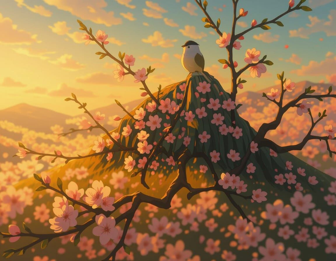 Pink Cherry Blossom Tree in Whimsical Style