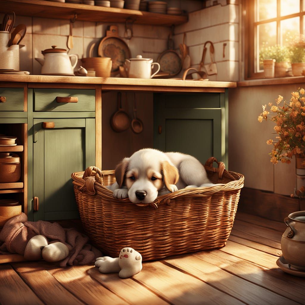 Whimsical Digital Art: Sleeping Puppy in Cozy Cottage Kitche...
