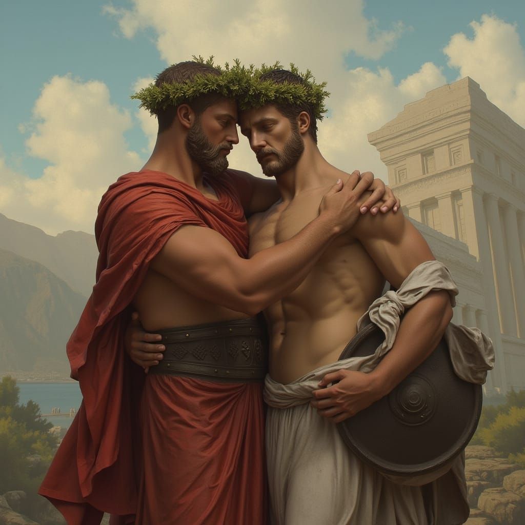 Achilles and Patroclus Marble Statue in Ethereal Landscape