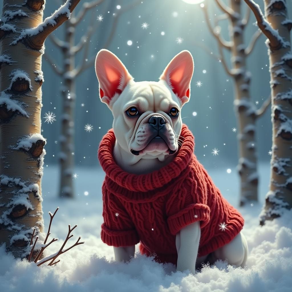 French Bulldog in Winter Forest, Kinkade Style