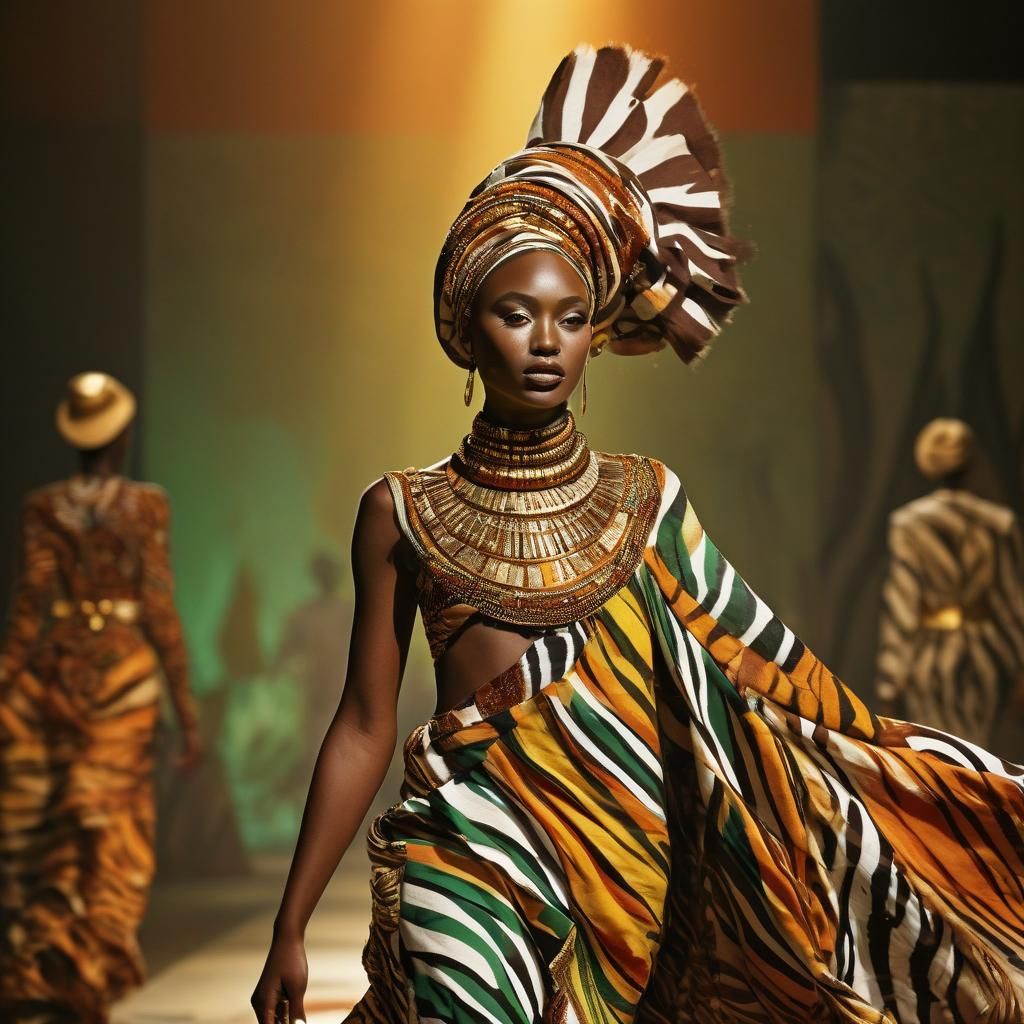 African Woman on Catwalk in Zebra Pattern Fabric