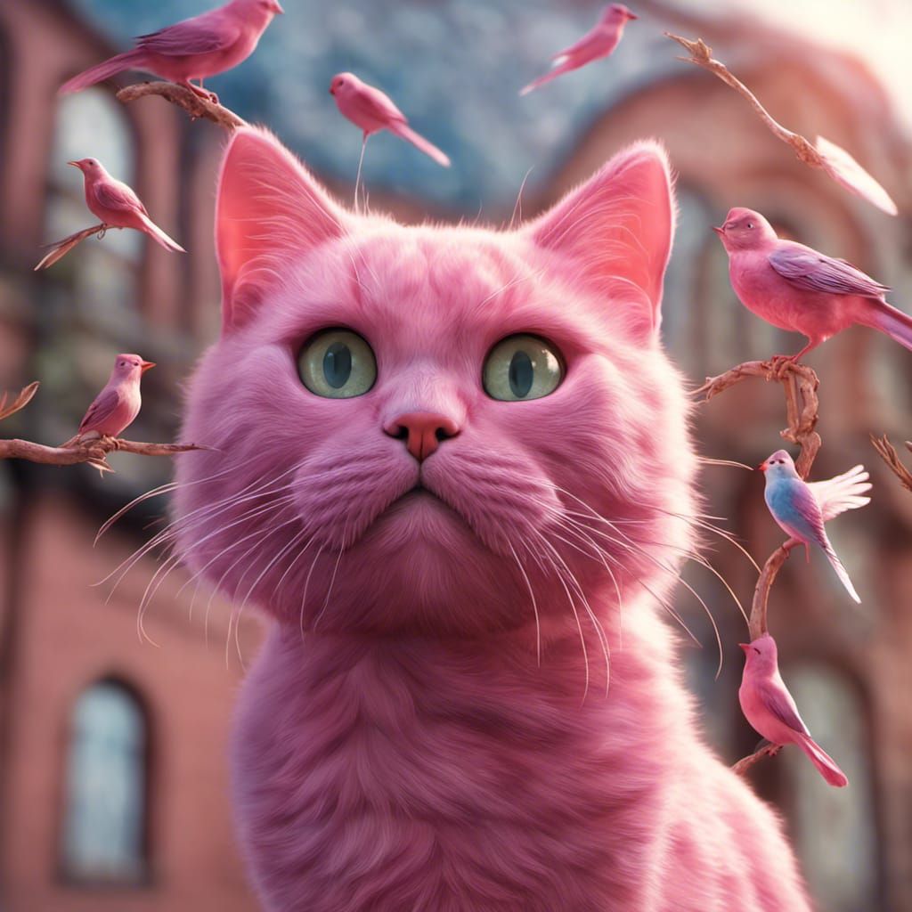 Pink Cat Gazing at Birds with Sci-Fi Elements