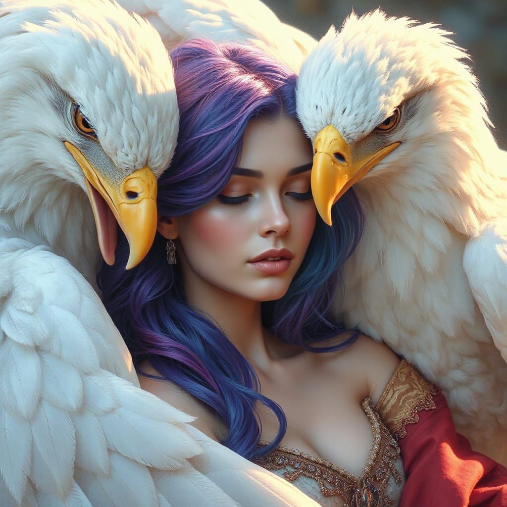 Ethereal Elven Princess in Majestic White Eagle's Embrace