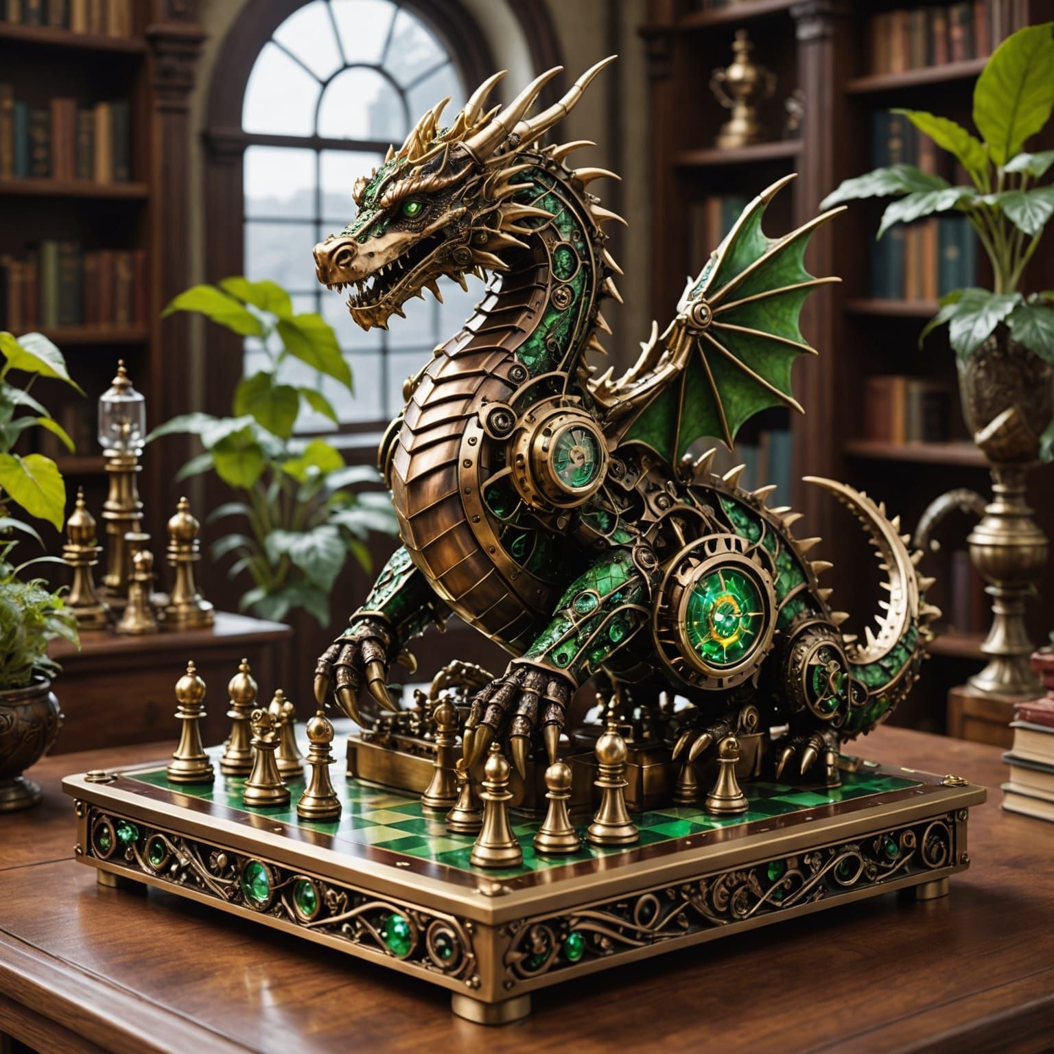 Steampunk Dragon Chess Set in Solarpunk Library