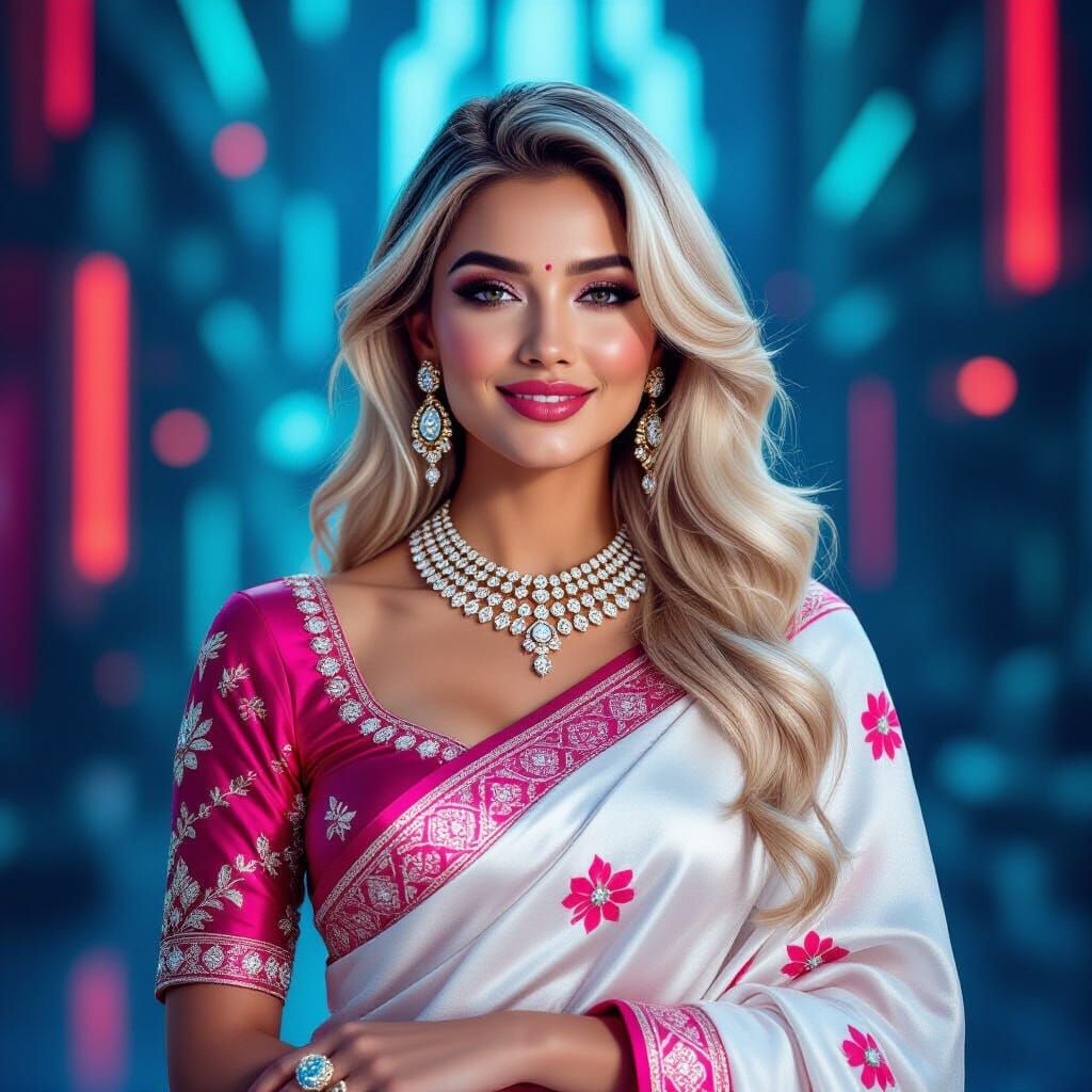 Blonde Woman in Cyberpunk Style Saree with Diamonds