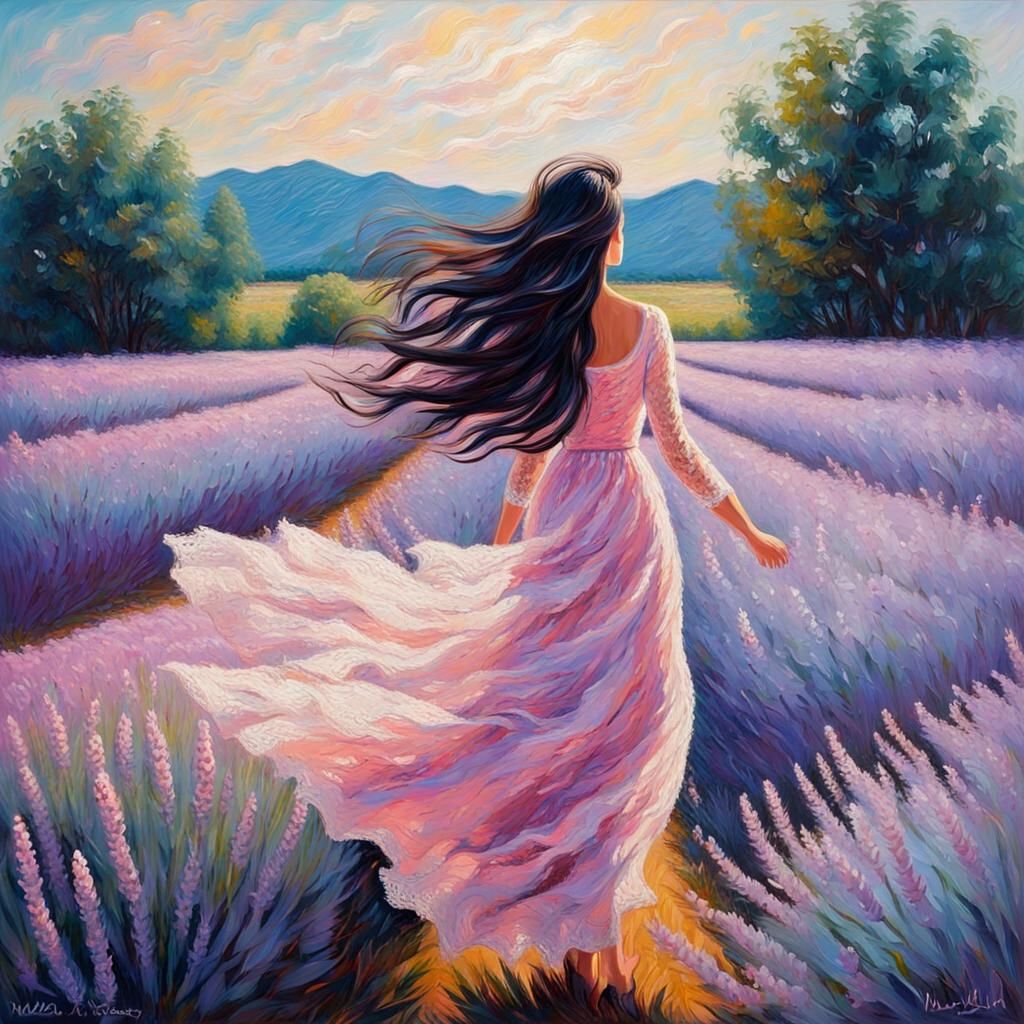 Woman in Lavender Field: Neo-Impressionist Oil Painting