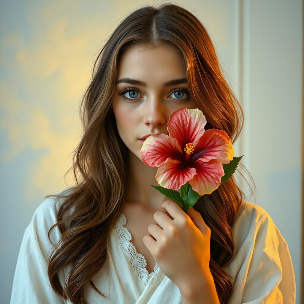 Romantic Woman with Hibiscus Flower, Art Nouveau Style