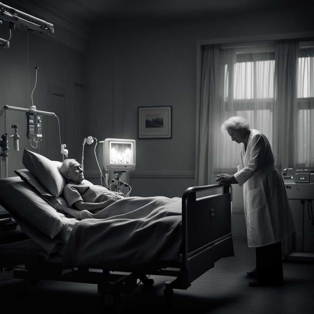 Sorrowful Image of a Sick Woman in Bed