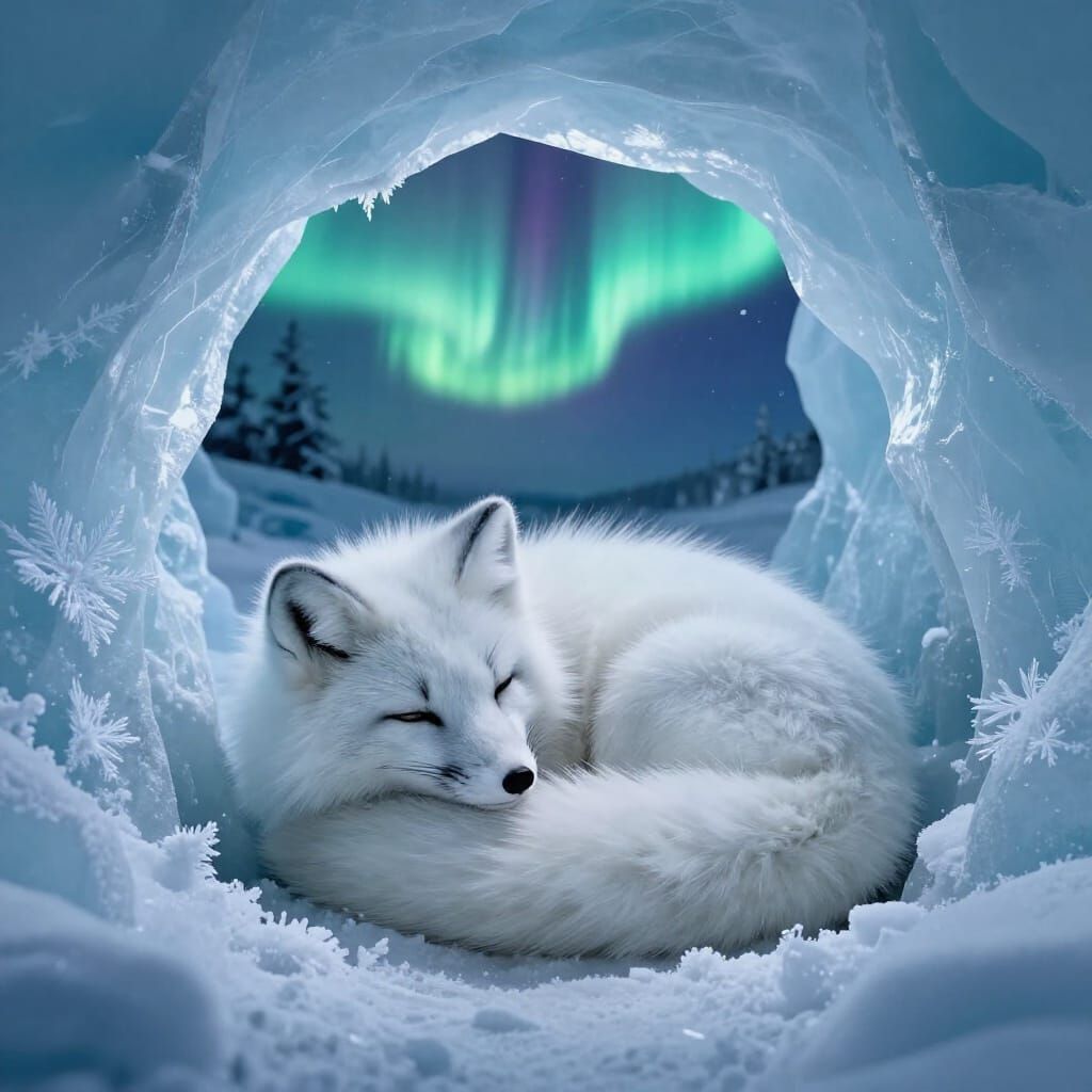 Arctic Fox Asleep in Aurora-Lit Ice Cave