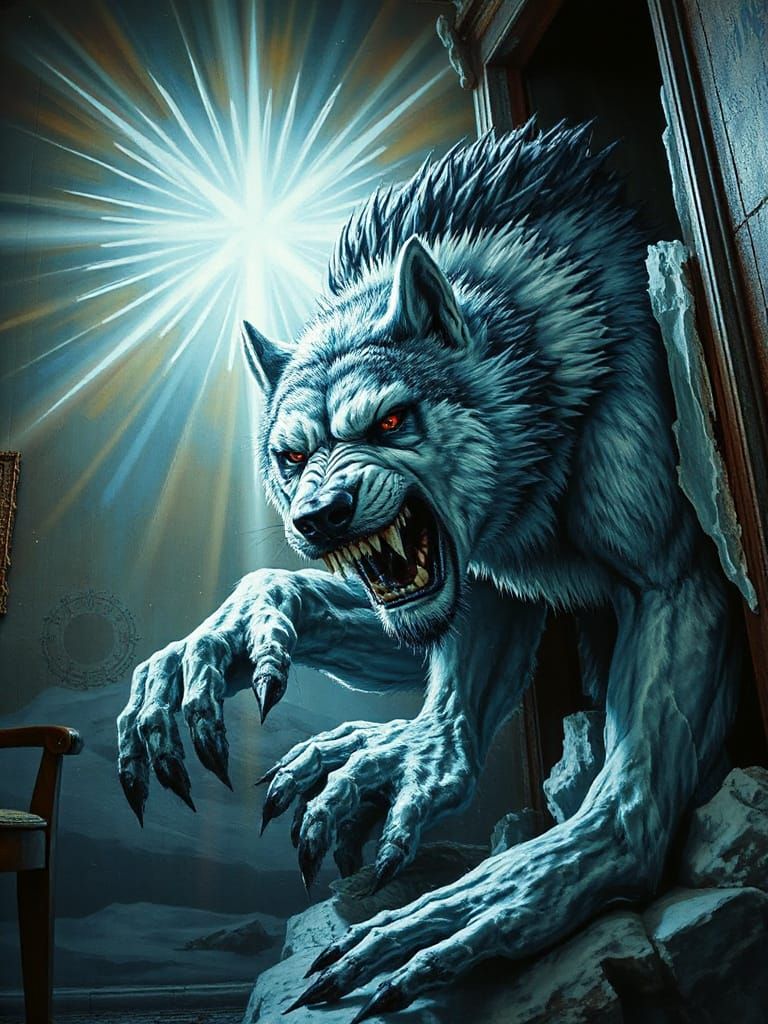 Frost Werewolf Emerges from Mural Under Northern Star