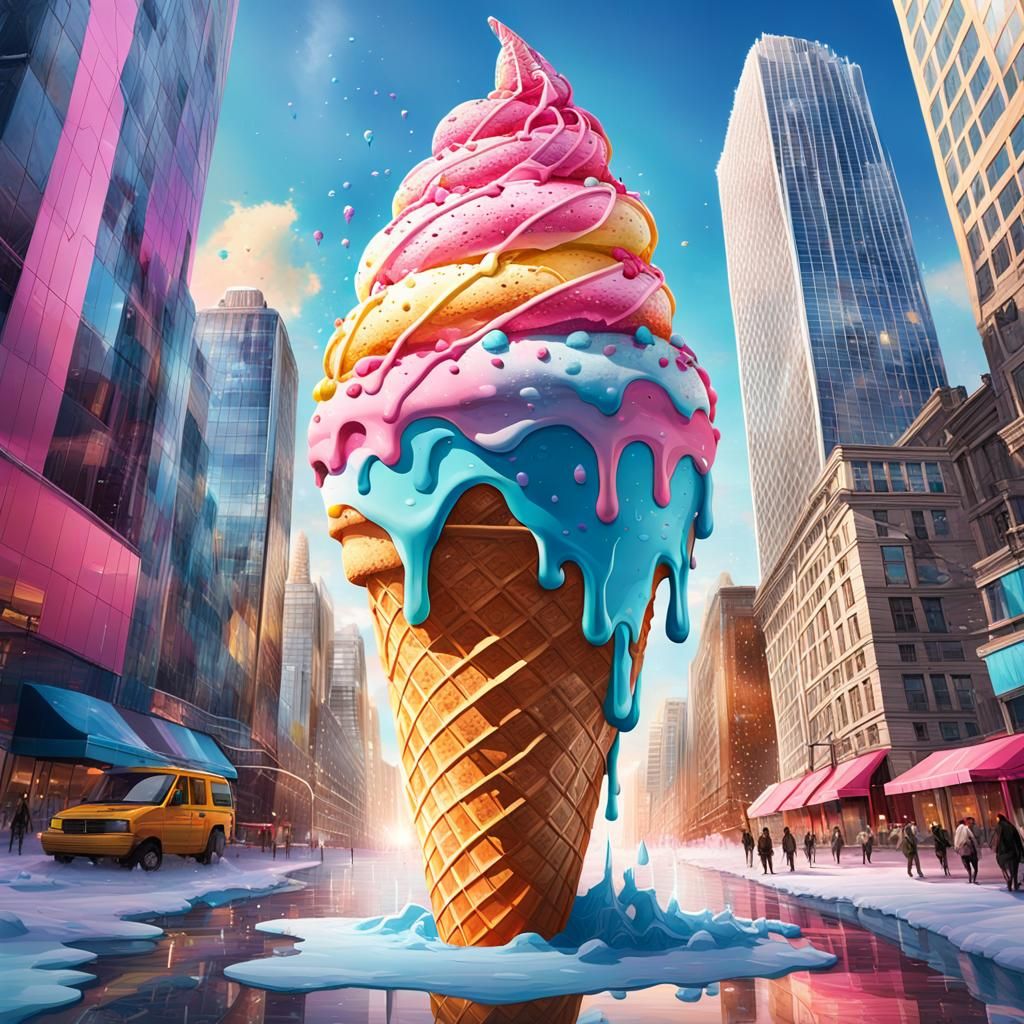 Giant Ice Cream Melts Skyscraper: Hyperrealistic Concept Art