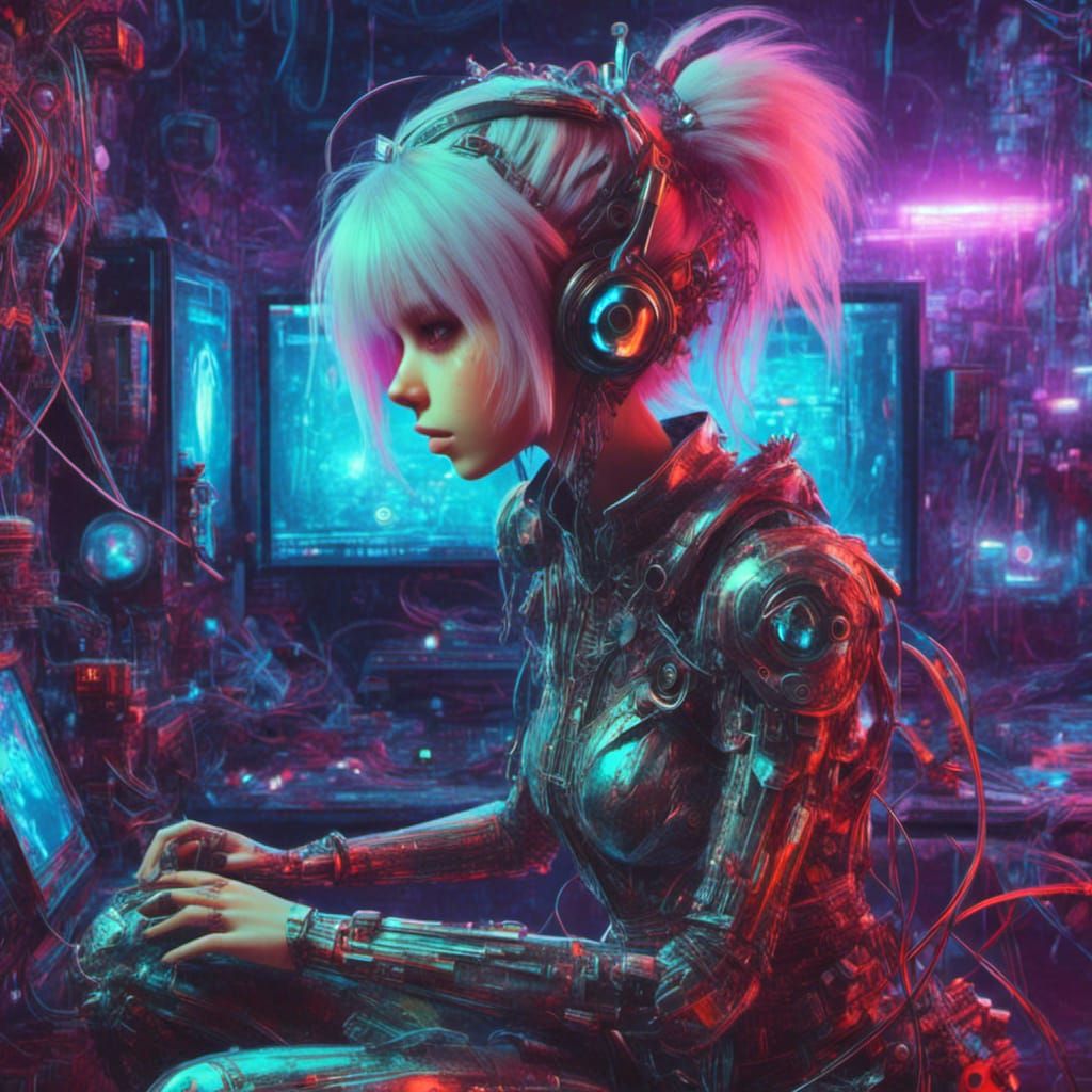Vibrant Cyber Pixie Plays Video Games in Futuristic Studio