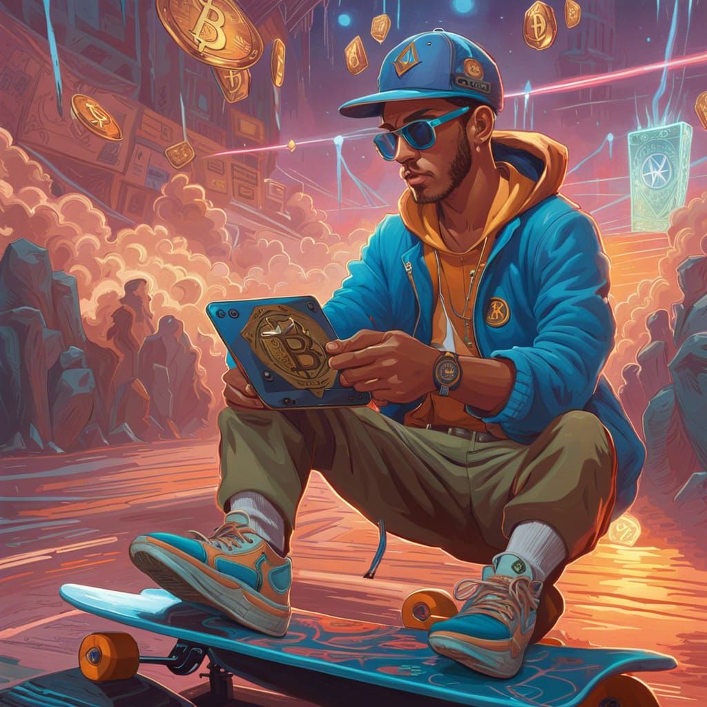 Crypto Hipster Rides Skateboard: Fantasy Digital Art