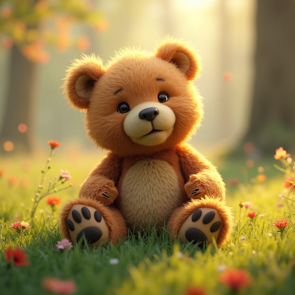 Giggling Teddy Bear in Sunny Spring Scenery