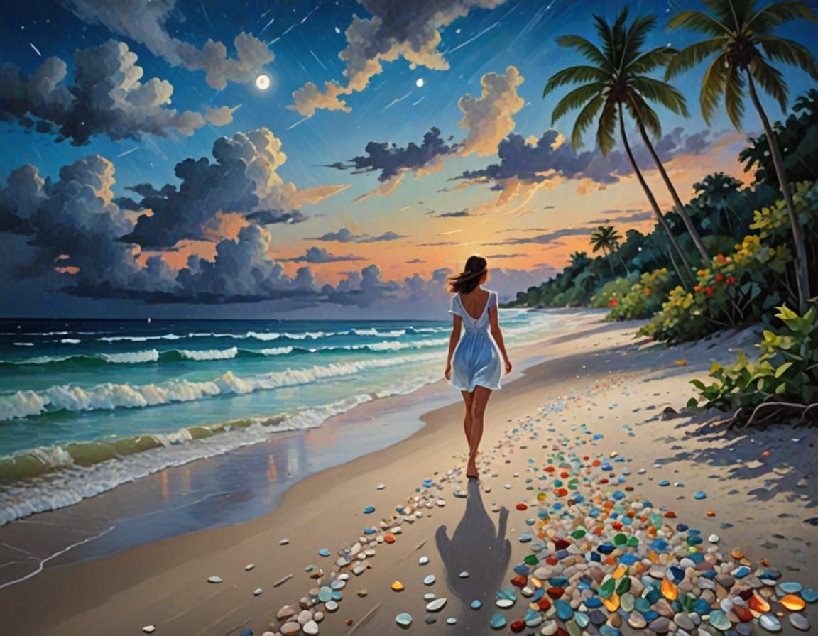 beautiful woman strolling on a tropical beach thunderstorm m...