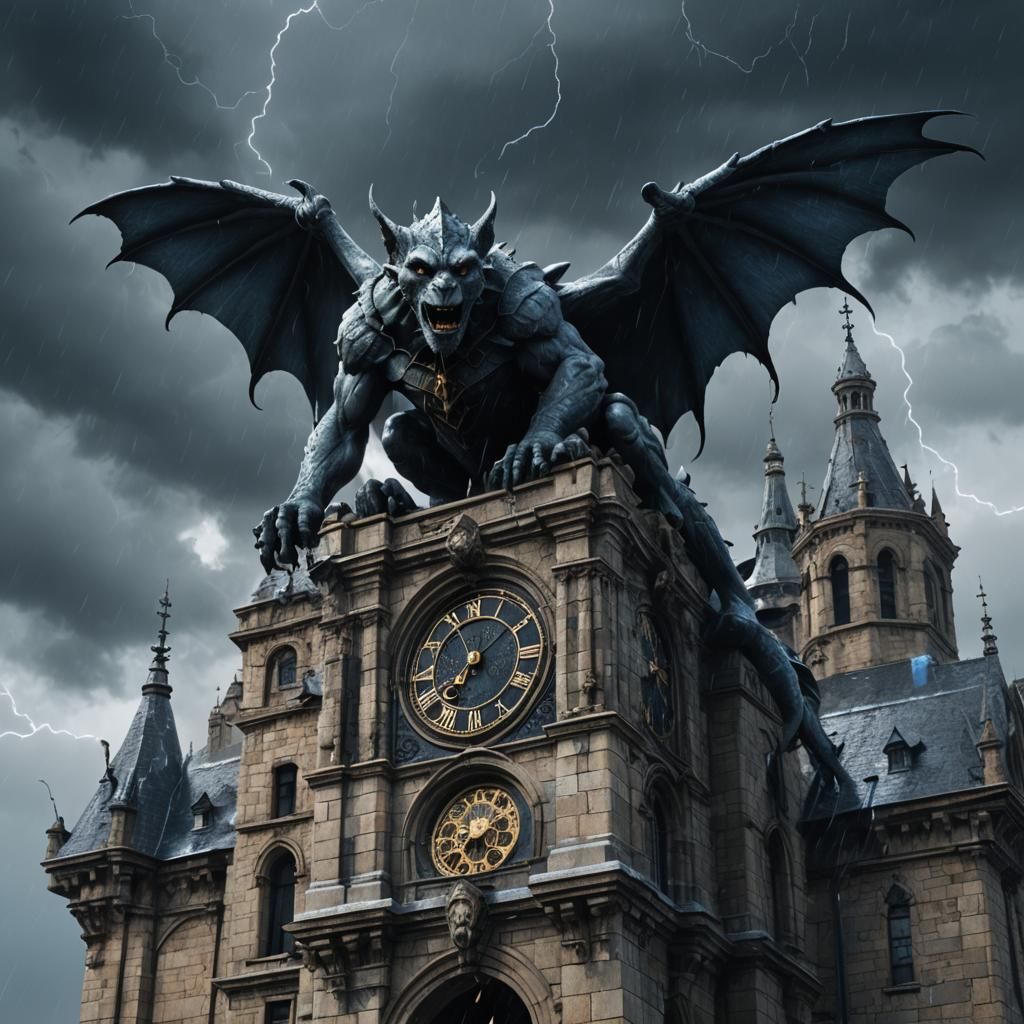 Gargoyle on Clock Tower in Gothic Hyper-Realism