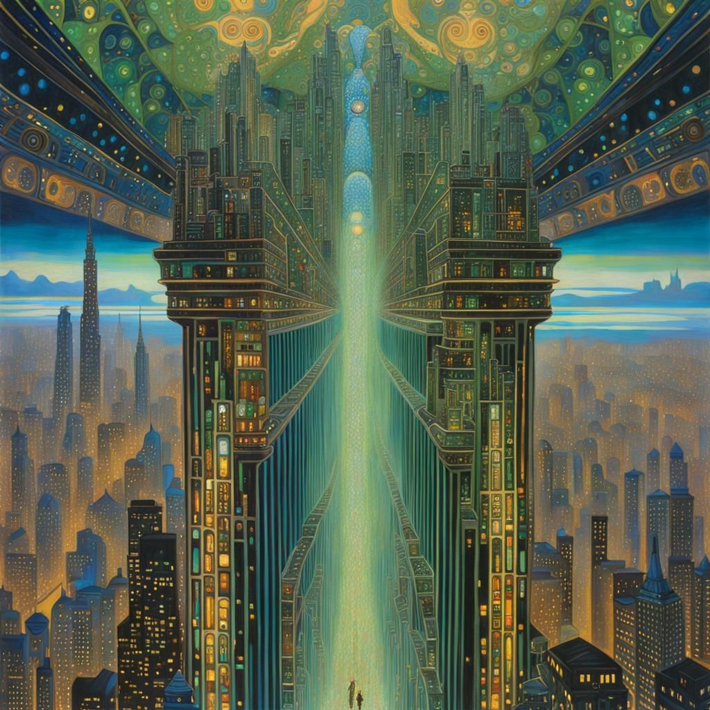 Futuristic Metropolis with Robot in Klimt Style