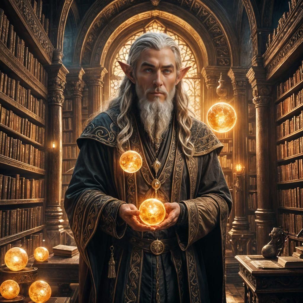 Elven Wizard with Magic Orb in Anime Style