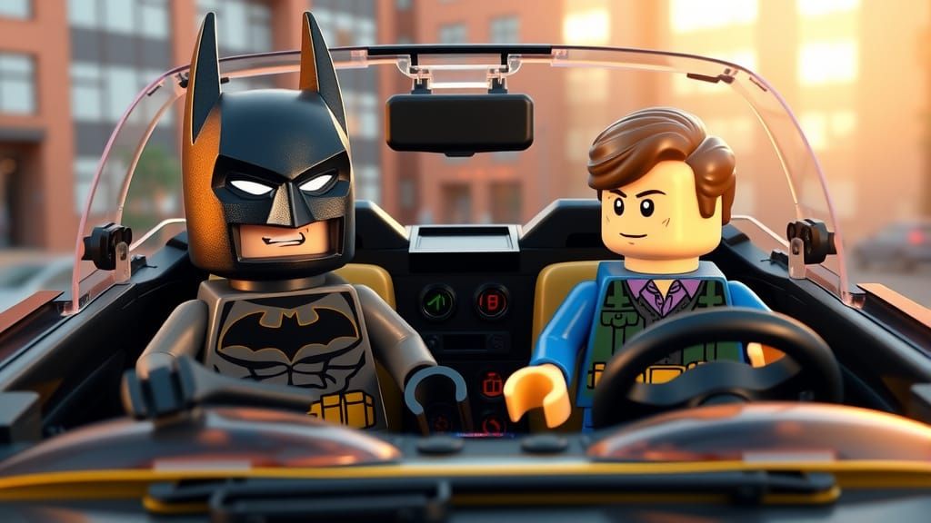 LEGO Batman and Emmet Sing in Convertible Car
