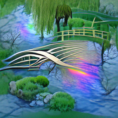 Iridescent Weeping Willow Bridge in Japanese Anime Style