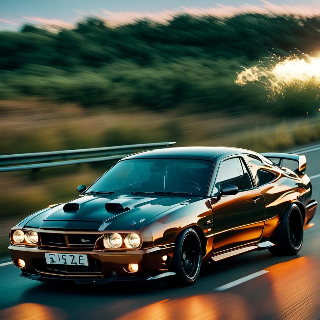 Fast Car Speeds Down Highway at Night in Neon Hues