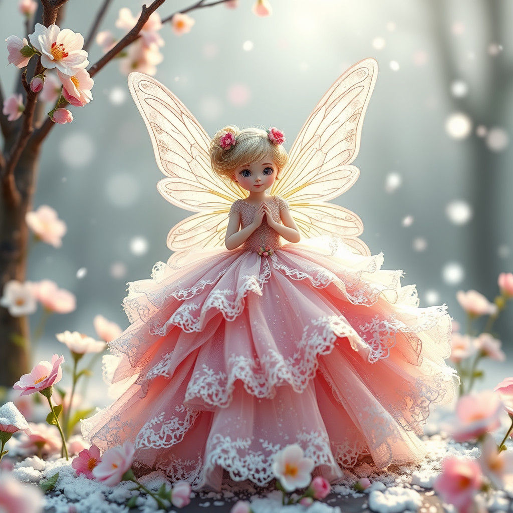 Cute Fairy in Magical Snowing Ball Gown