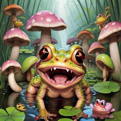 Kitten-Frog Hybrid in Snake Mouth: Surreal 3D Art