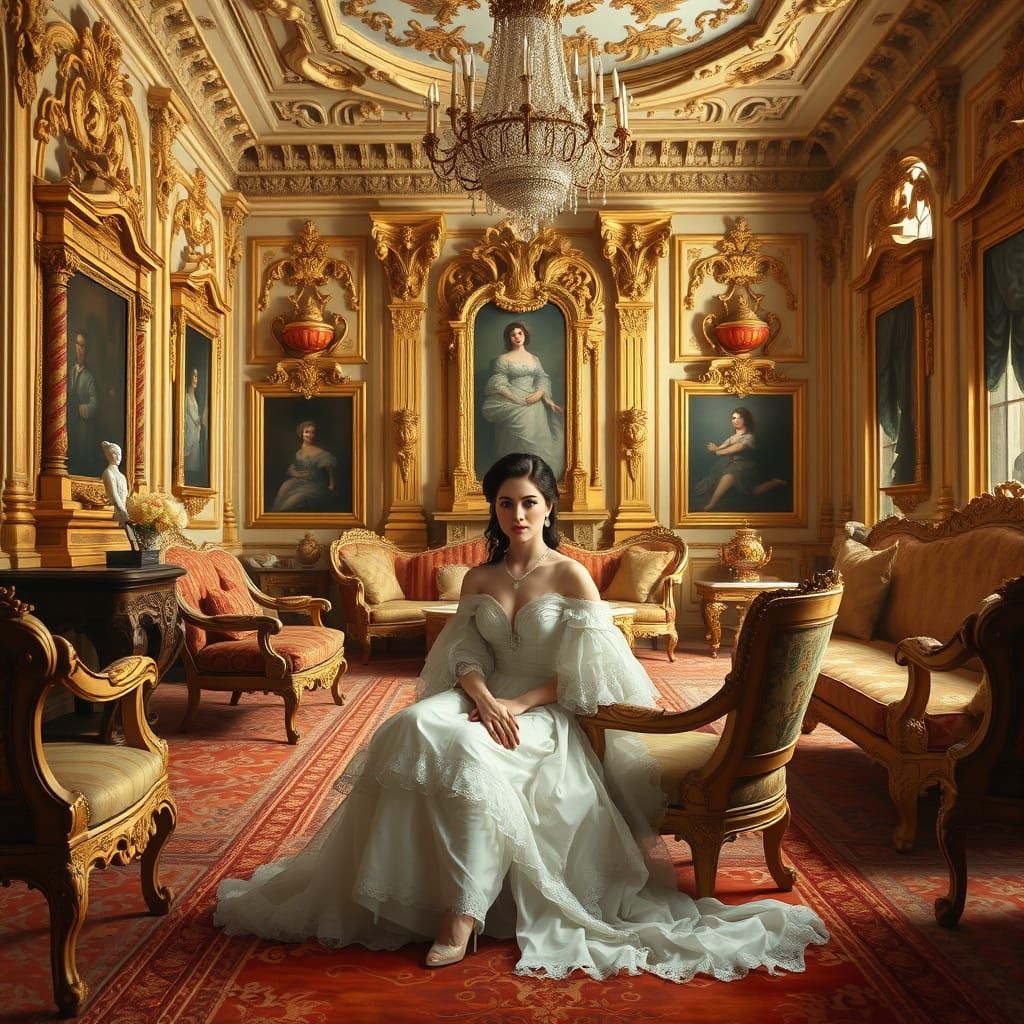 Elegant Woman in Lavish Rococo Palace State Room