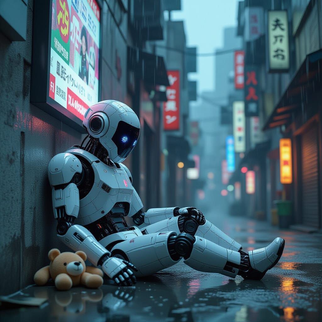 Damaged Robot in Neo-Tokyo Alley in Cyberpunk Style