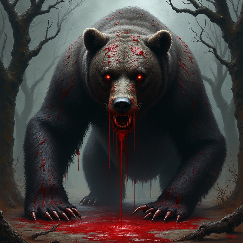 Foreboding Blood Bear in Mystical Forest