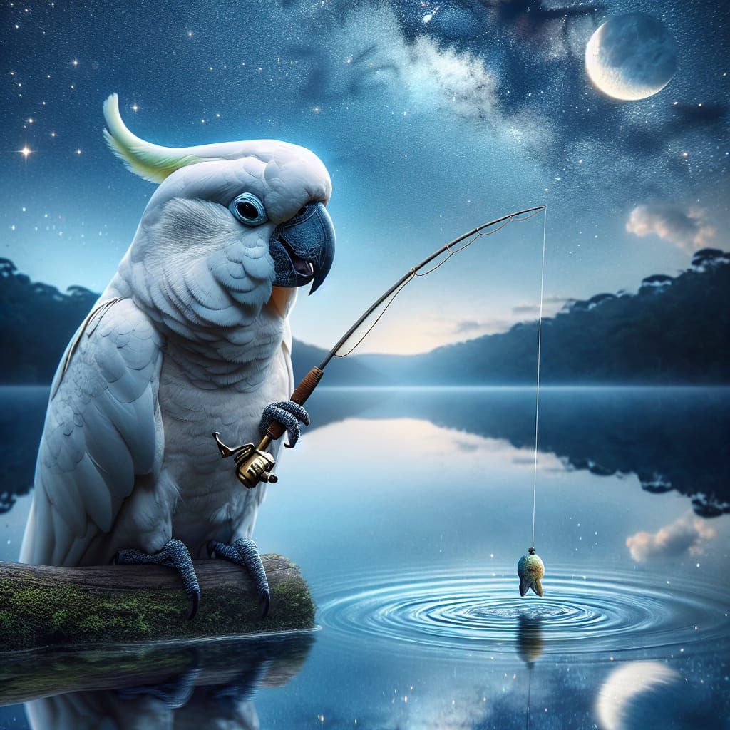 Cockatoo Reels in Golden 'F' on a Magical Lake