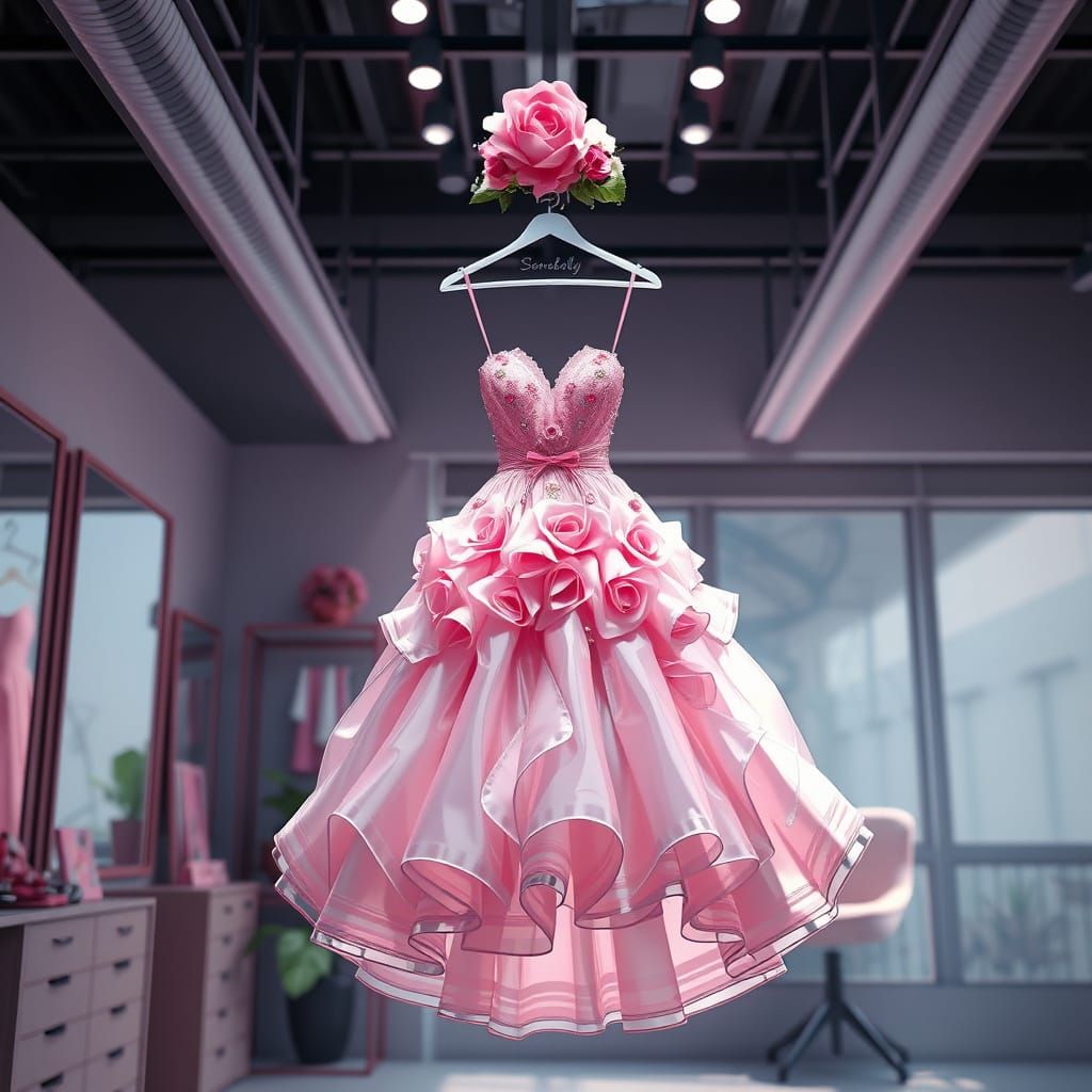 Elegant Anime-Inspired Rose Gown in High Fashion Studio