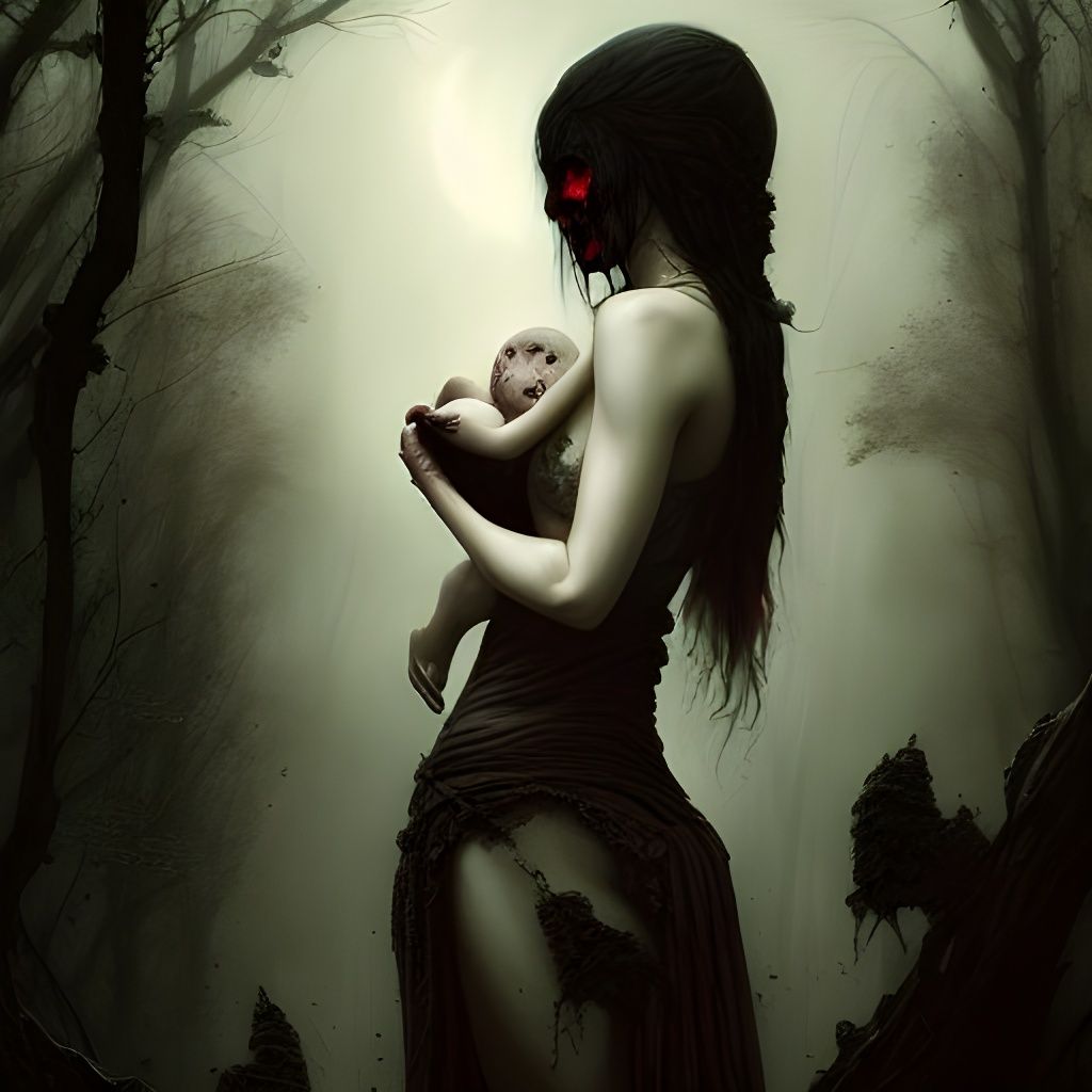 Nightmarish Bloody Breastfeeding in Gothic Horror Style