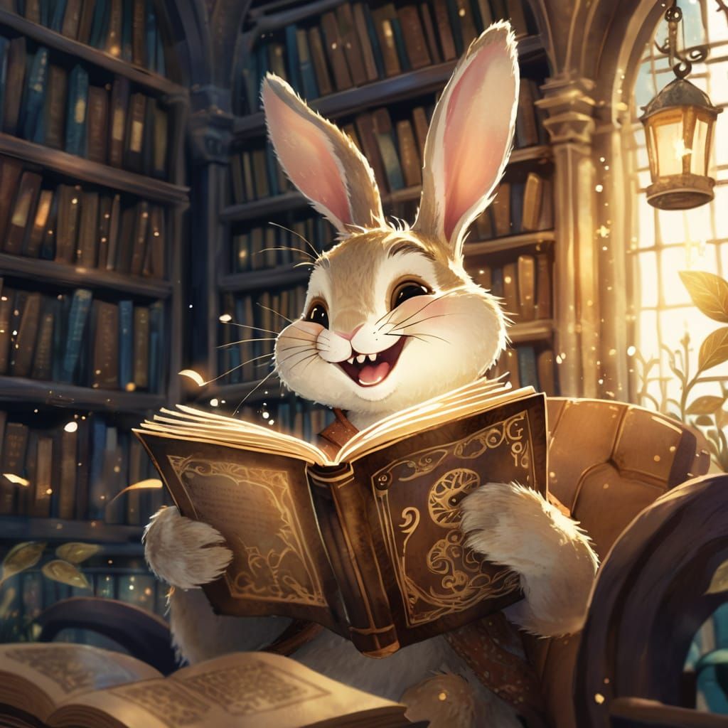 Enchanted Bunny Reading: Whimsical Watercolor Illustration