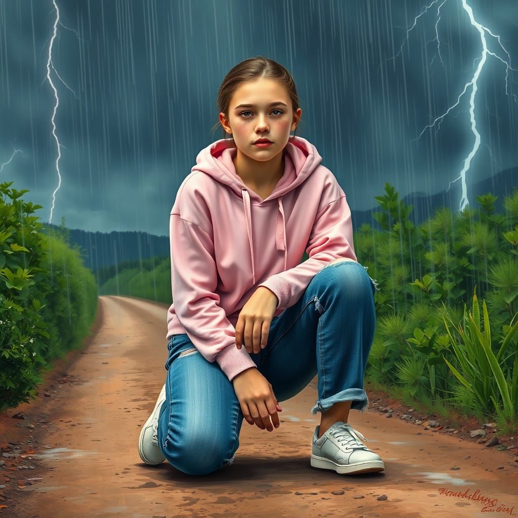 lushill style, freckles, City Pop cute modern chic Slavic teen, kneeling on dirt road, raining, natural skin, wearing cl...