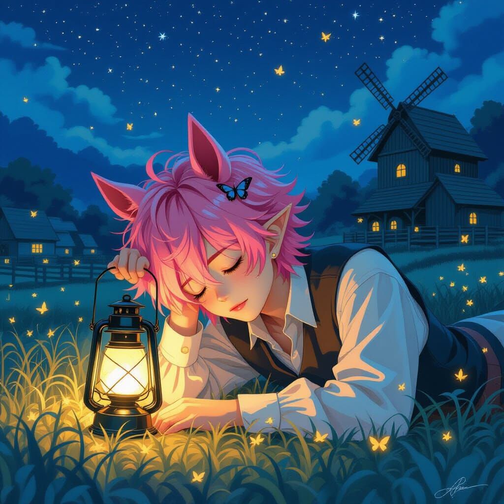 Mystical Anime Boy with Horse Ears Under Starry Night Sky