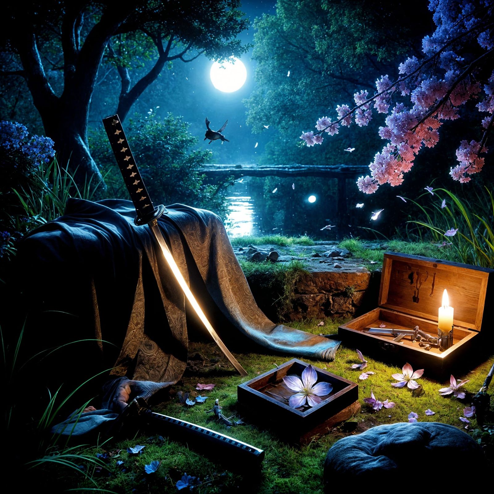 Moonlit Forest: Katana and Purple Flower