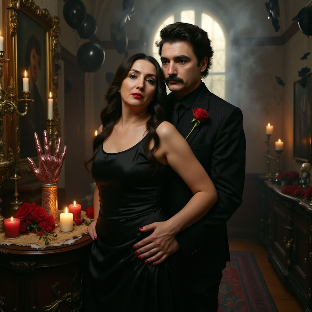 Gothic Couple in Haunted Mansion, Tim Burton Style