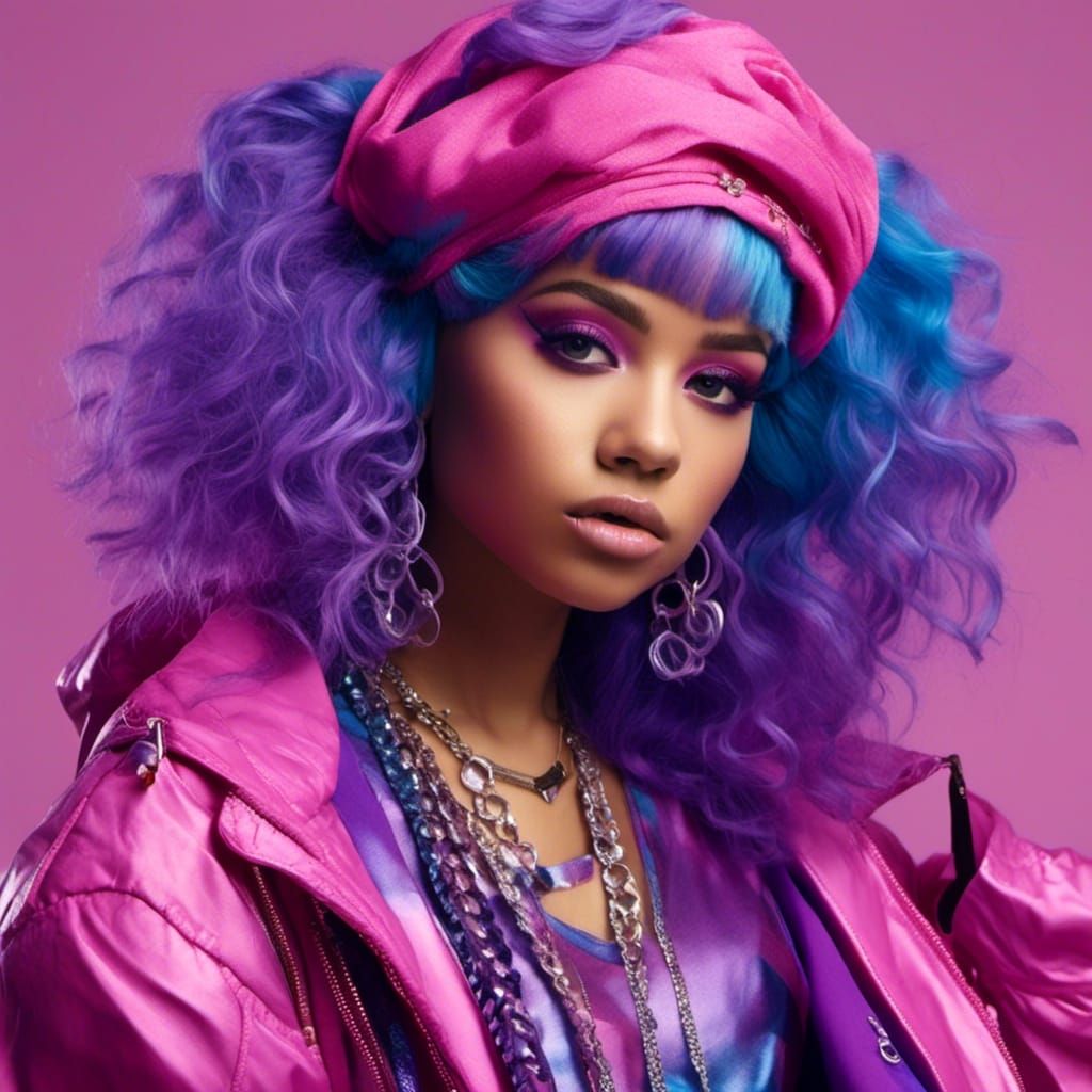Hyperreal Woman with Purple and Blue Hair