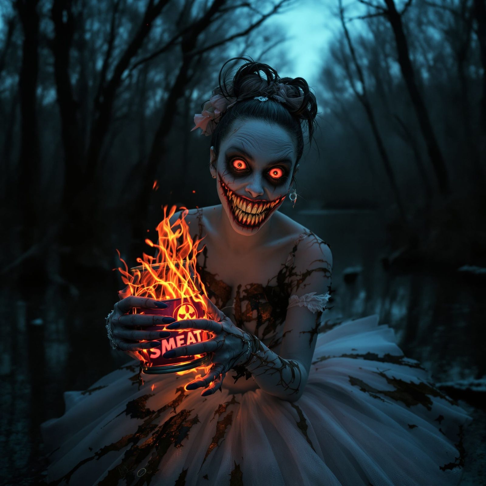 Eerie Ballerina with Radioactive Can in Gloomy Swamp
