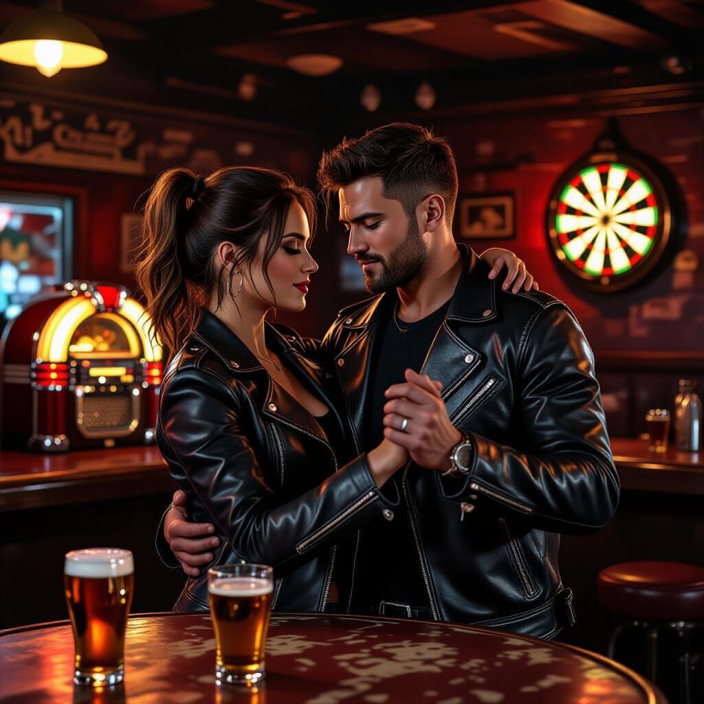 Biker Couple Dancing in Dive Bar, Hyperrealistic Style