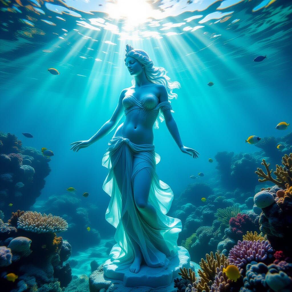Water Sculpture of Goddess Diana in Vibrant Underwater Scene