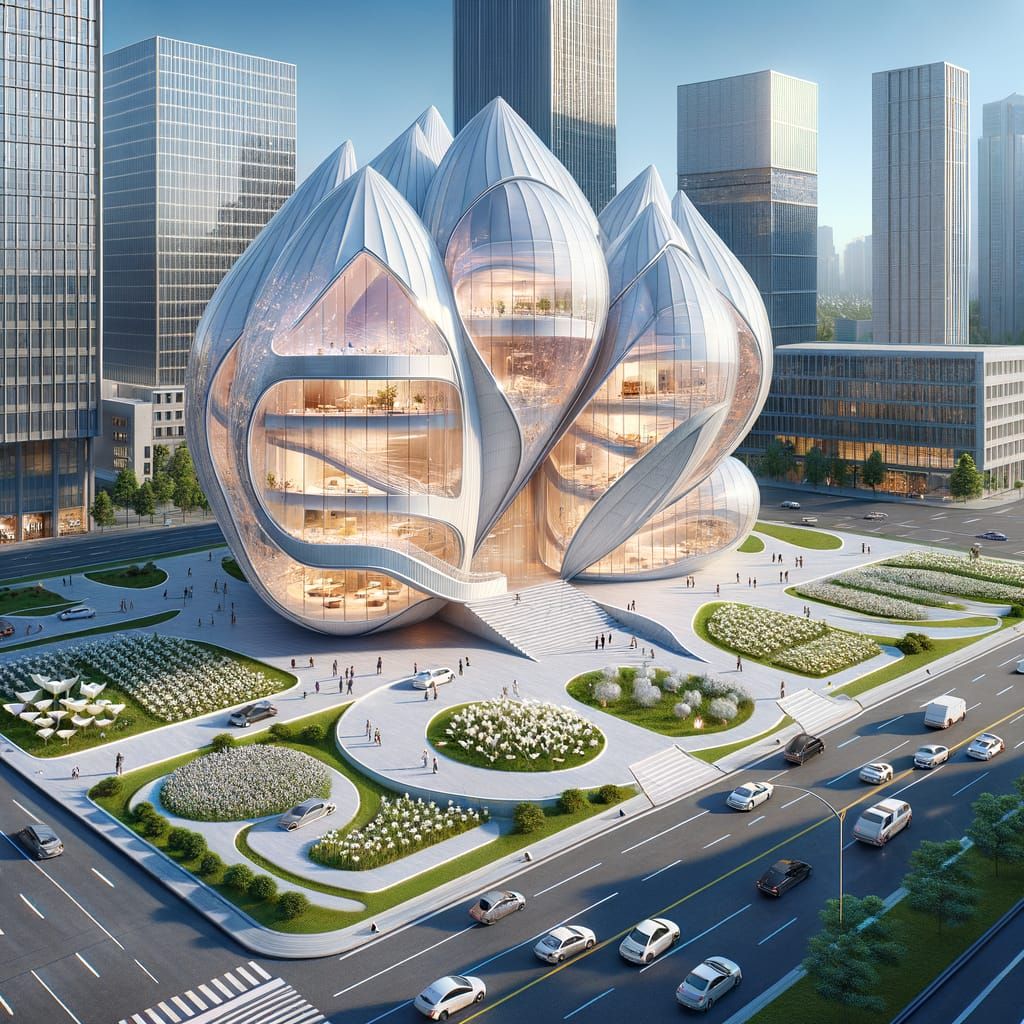 Futuristic Glass Building with Organic Petal Design