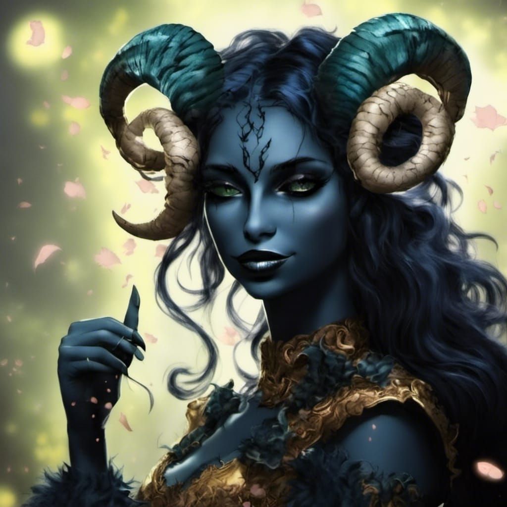 Blue-Skinned Horned Woman with Orange Creature, in Alcohol I...