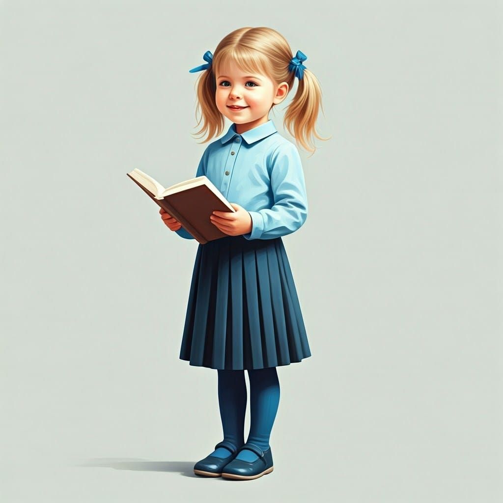 Girl with Book in Gouache Watercolor Style