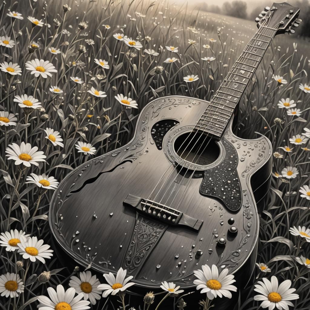 Seven-String Guitar in Dew, Charcoal Drawing