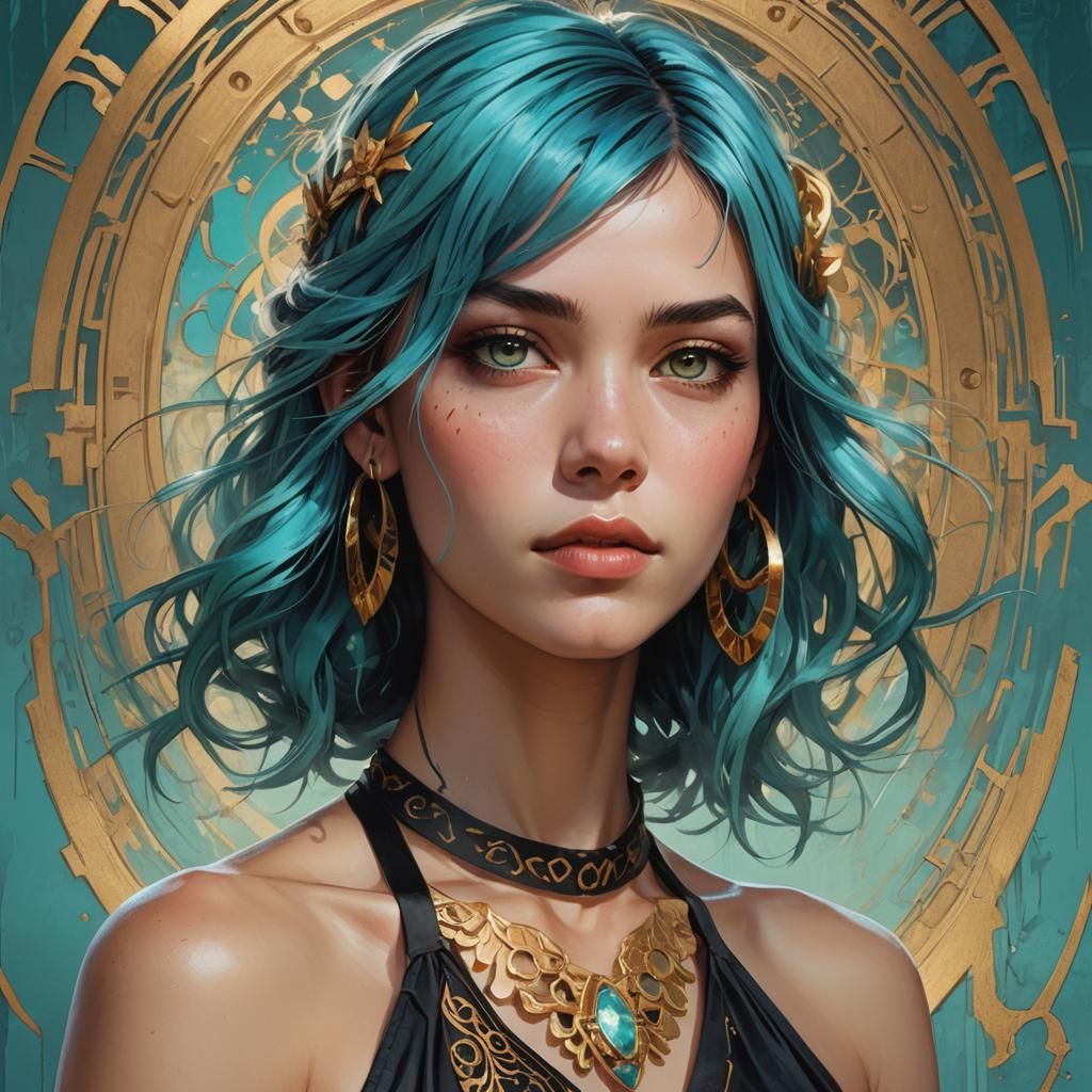 Cyan-Haired Woman Portrait in Digital Art Style