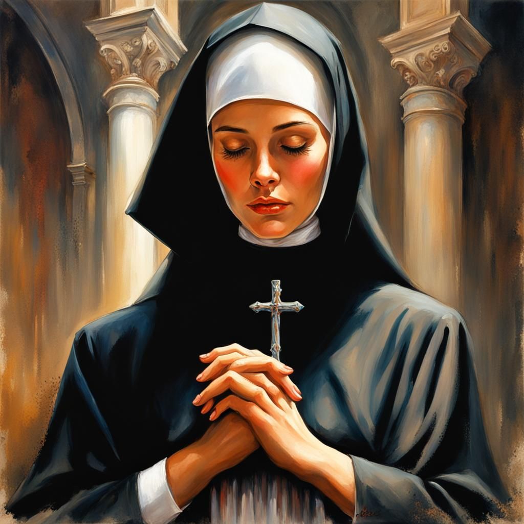 A nun praying in church